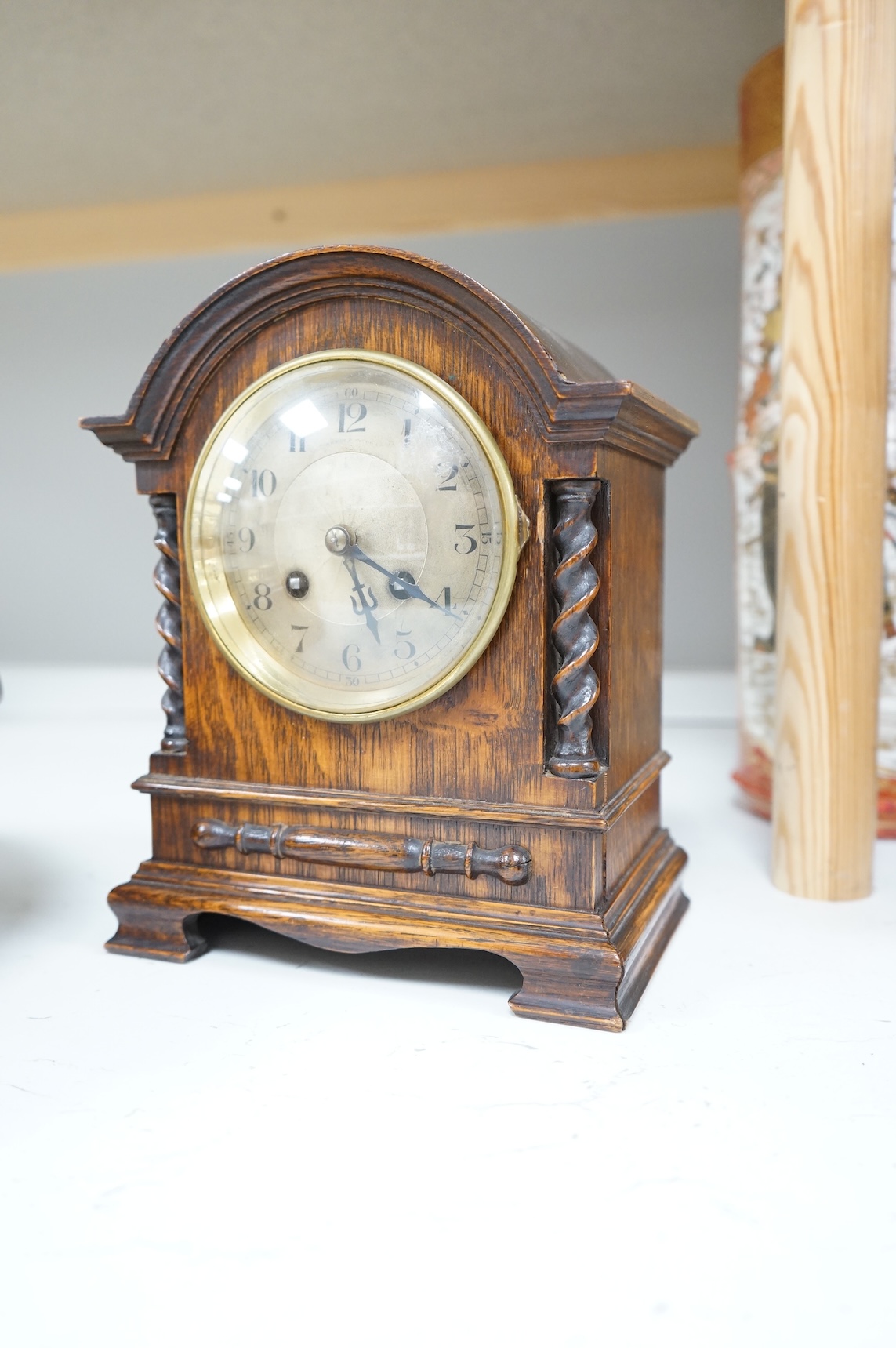A Mappin & Webb oak mantel clock and dial clock, W & H German movement, dial clock 33cm diameter